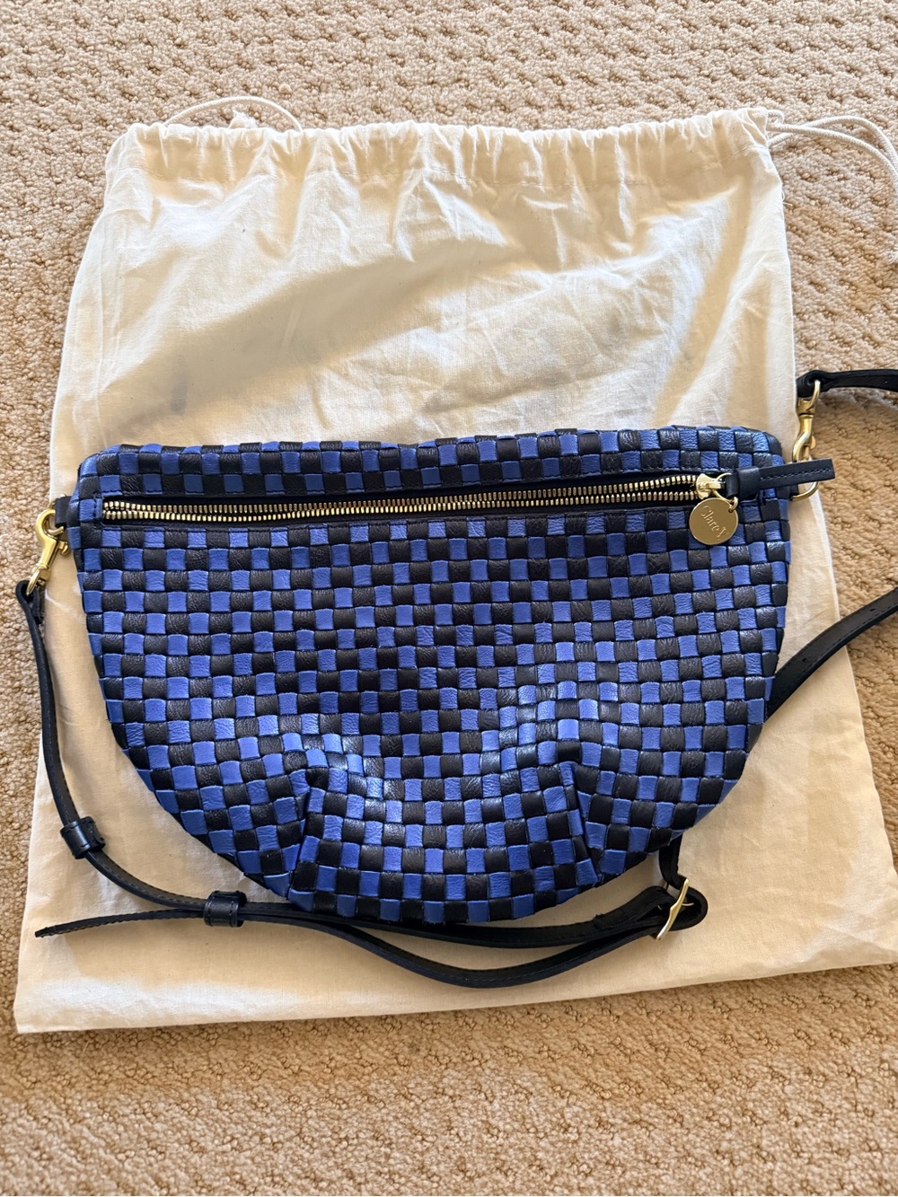 Clare V. Woven Navy Crossbody Grande Fanny Bag with Gold Hardware